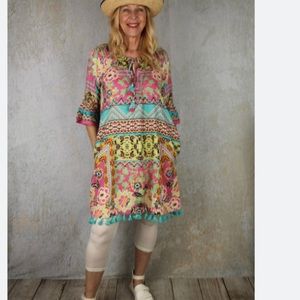 Orientique Iruya rayon multicolored short 3/4 sleeve boho dress size US medium